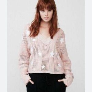 Express Women’s Sweater V Neck Pink with White Stars Long Sleeve Size Large